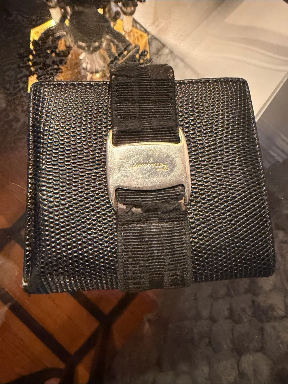 Salvatore Ferragamo Black Textured Leather Wallet with Silver Buckle